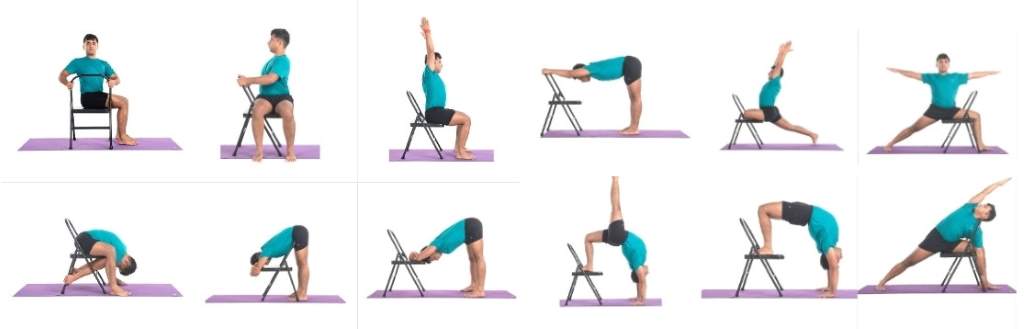 Person using yoga block during chair yoga sequence.