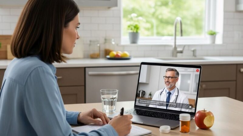 Patient having virtual consultation with doctor on laptop discussing weight loss treatment plan and medication options