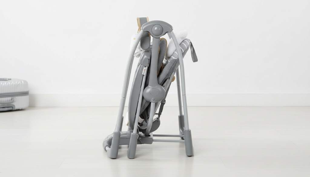 Folded Ingenuity Swing ‘n Go Deluxe portable swing demonstrating compact storage and easy travel portability