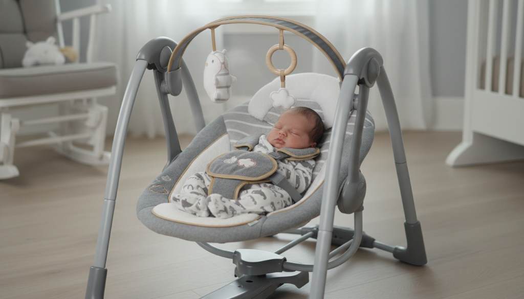 Newborn baby relaxing comfortably in the plush seat of the Ingenuity Swing ‘n Go Deluxe portable baby swing with gentle swaying motion