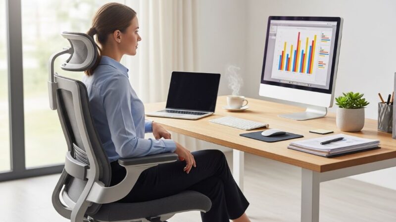 Office worker sitting comfortably in an ergonomic chair with proper posture at a tidy desk