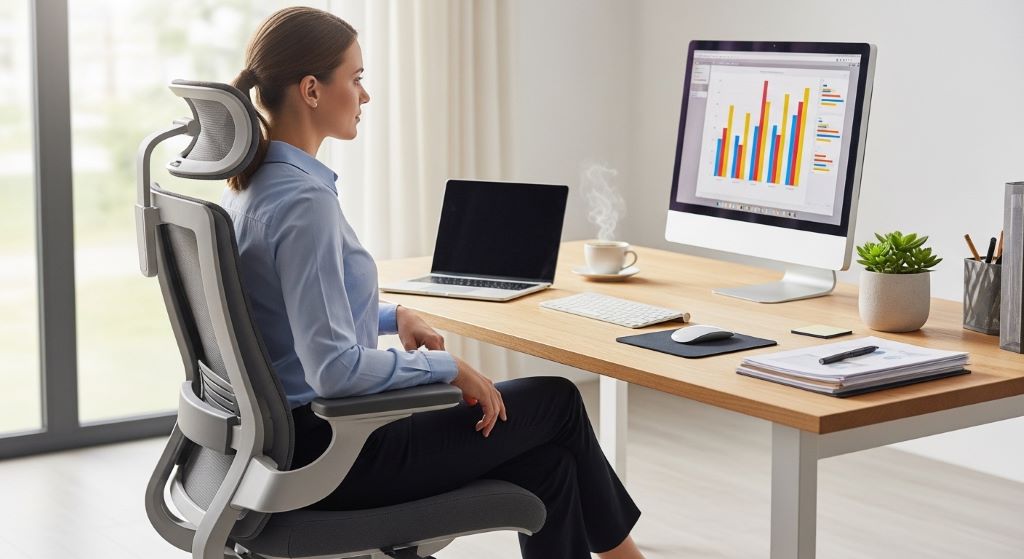 Office worker sitting comfortably in an ergonomic chair with proper posture at a tidy desk