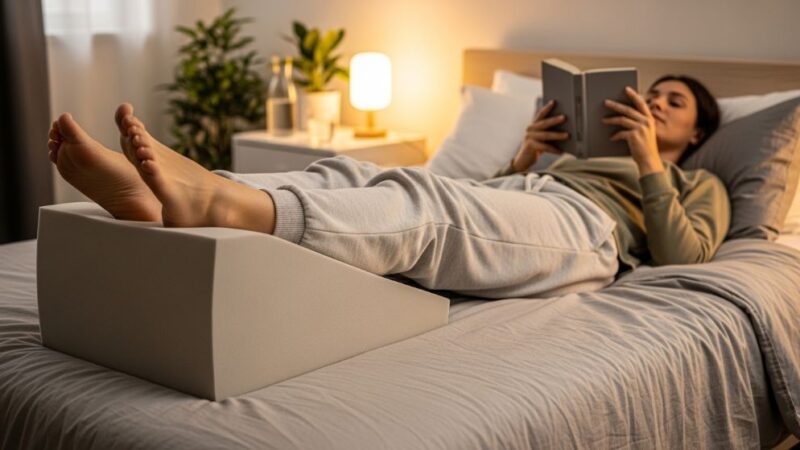 A person lying on a bed with legs elevated on a firm wedge leg support cushion to relieve edema swelling at home