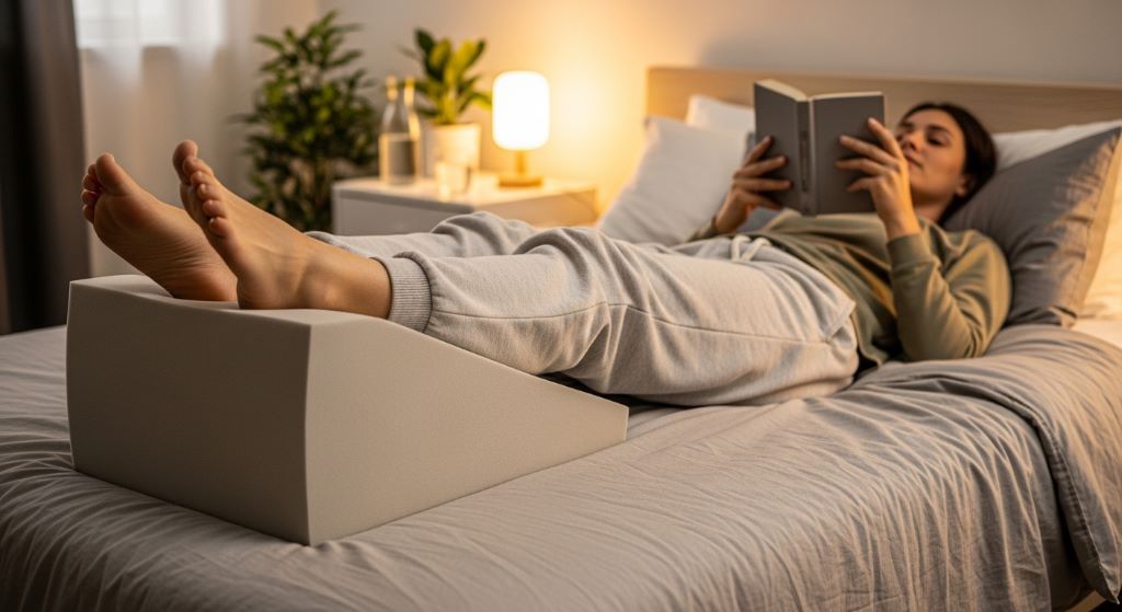 A person lying on a bed with legs elevated on a firm wedge leg support cushion to relieve edema swelling at home