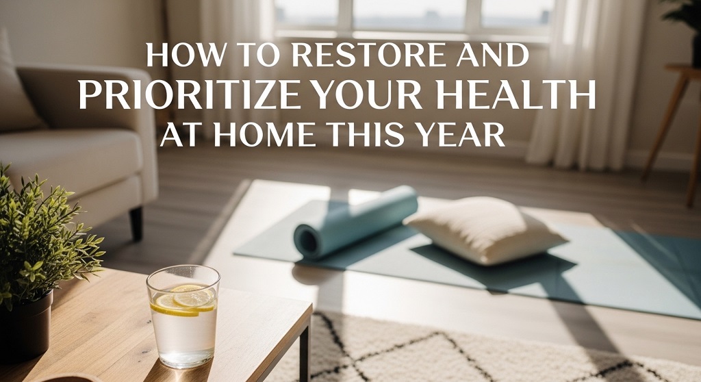 A peaceful home setting with a yoga mat and water, titled How to Restore and Prioritize Your Health at Home This Year.