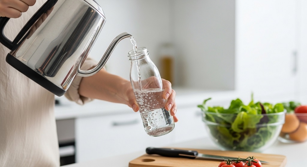 Close-up of healthy meal preparation in a bright home kitchen to represent simple wellness habits.