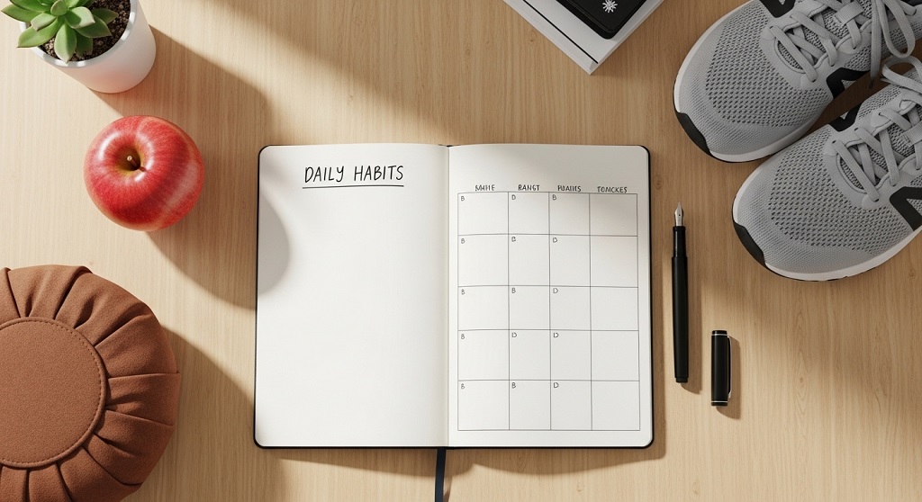 A flat-lay arrangement of healthy daily habits including a journal, fresh fruit, and exercise gear.