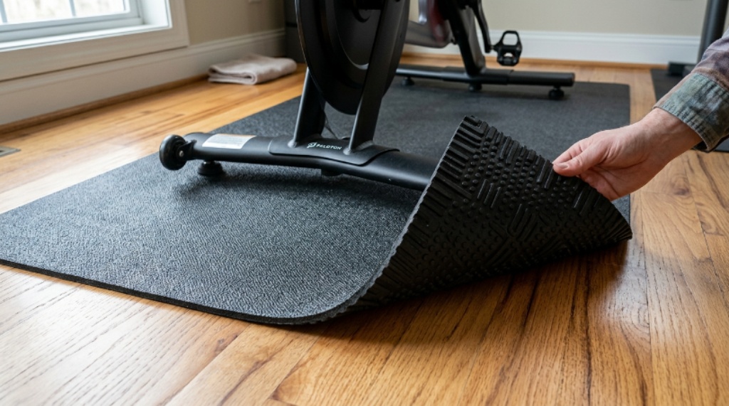 Close-up of an exercise bike floor protector with textured surface and rubberized grip underside on hardwood flooring