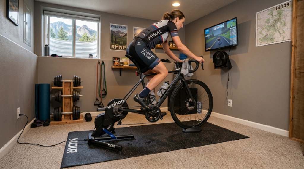 High-density rubber bike trainer mat set up under a stationary bike in a small Colorado basement home gym