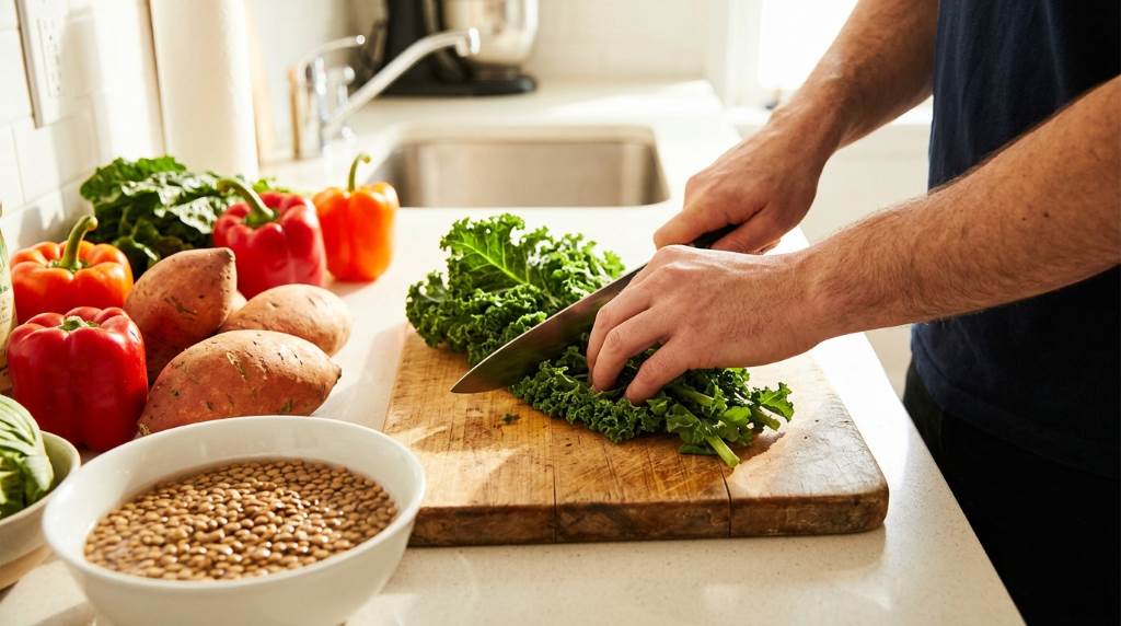 Weekly vegan meal planning with fresh vegetables and grains