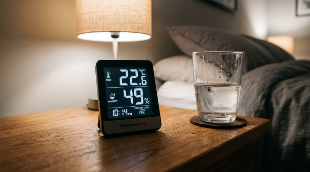 Digital room thermometer displaying comfortable temperature on a nightstand.