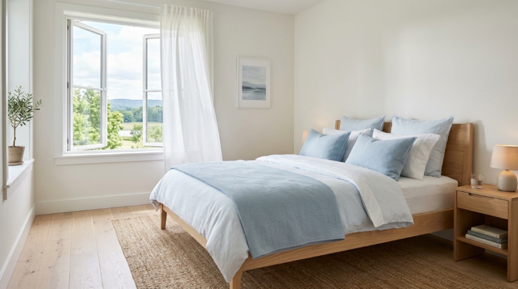 Clean minimalist bedroom with cool cotton sheets and open window
